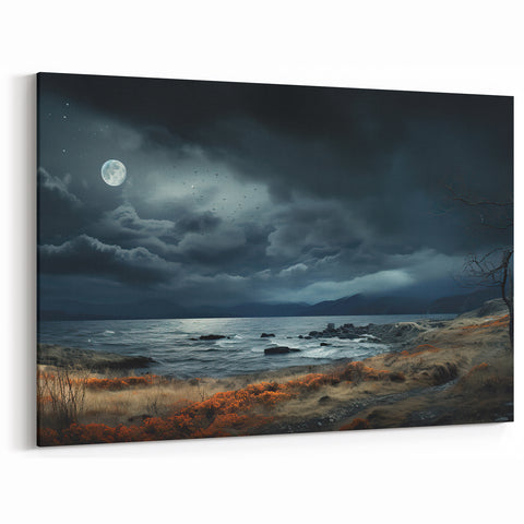 Moonlit Stormy Seascape - Dark Sky and Ocean Canvas Wall Art
