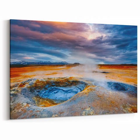 Fiery Geyser Wall Art - Vibrant Sunset Over Geothermal Landscape Print
