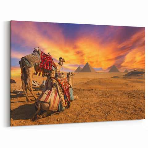 Egyptian Camels and Pyramids Wall Art - Desert Sunset Canvas Prints