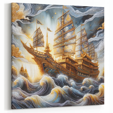 Golden Fantasy Ship Wall Art - Majestic Nautical Dream Decor