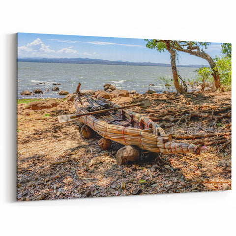Traditional Ethiopian Reed Boat by Lake - Scenic African Art Print