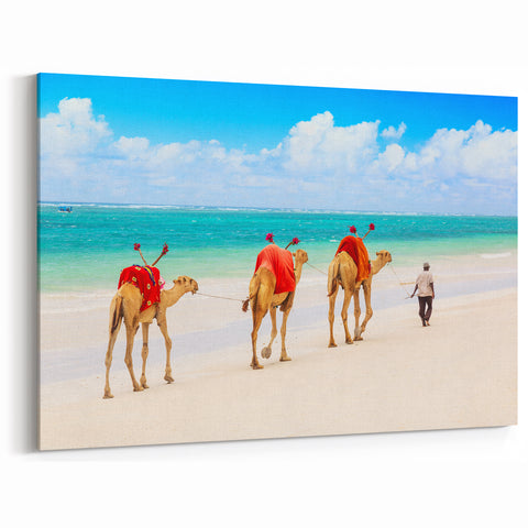 Colorful Camels on Kenyan Beach - Vibrant African Coastal Wall Art