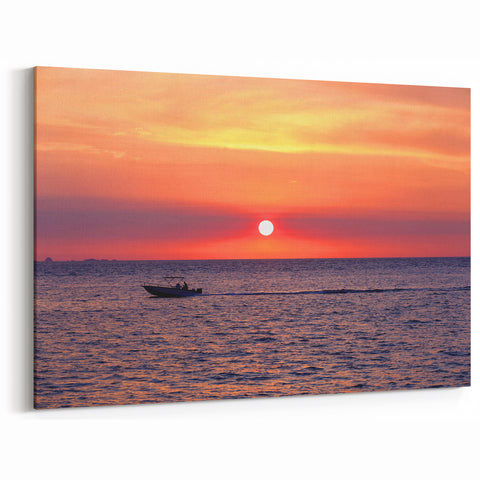 African Scenery Art - Vibrant Sunset Boat Scene Print on Canvas