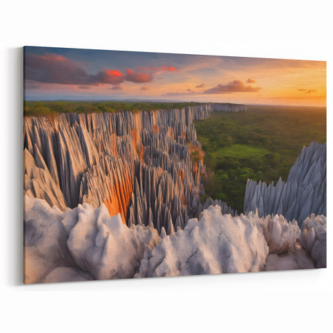 Madagascar Landscape Art - Unique Limestone Formation at Sunset Print