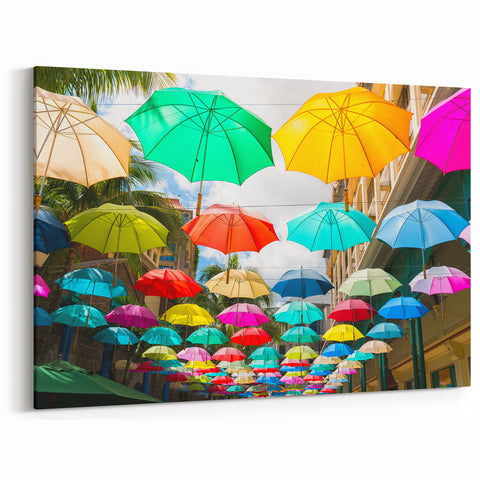 Colorful Umbrellas Overhead - Vibrant Street Scene Mauritius Art Print