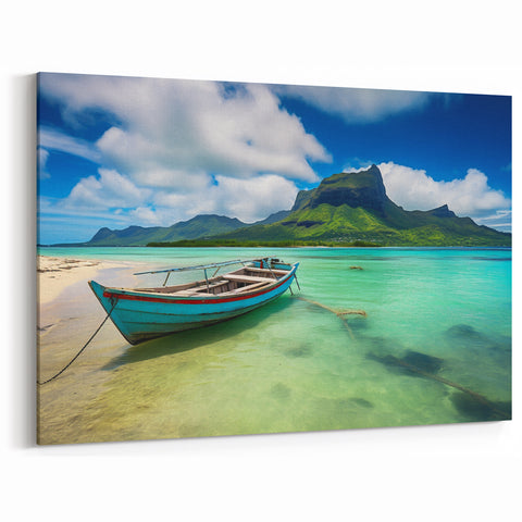 Tranquil Boat on Le Morne Lagoon - Mauritius Coastal Landscape Art