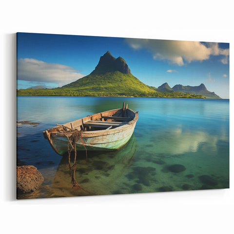 Serene Boat at Twilight - Le Morne Mauritius Coastal Landscape Art