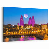 Baku Flame Towers Art - Azerbaijan Night Skyline with Full Moon