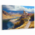 Azerbaijan Mountain Church Art - Serene Lakeside Landscape Print