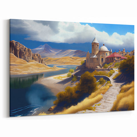 Azerbaijan Mountain Church Art - Serene Lakeside Landscape Print