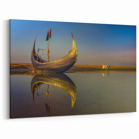 Reflective Fishing Boat at Dusk - Serene Bangladeshi Coastal Art