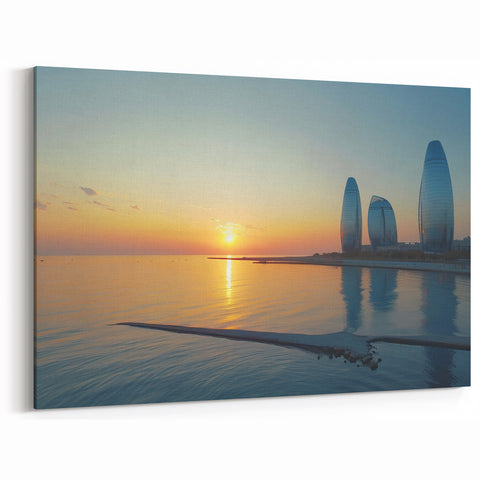 Caspian Sea Sunset Art - Modern Baku Skyline Reflections Print