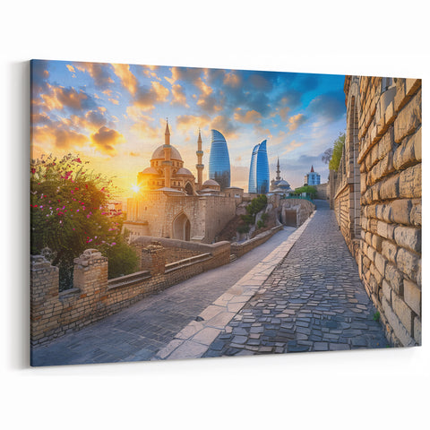 Azeri Culture Art - Baku Skyline Print Caspian Sea and Caucasus Canvas