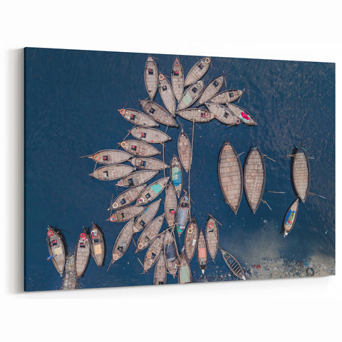 Aerial View of Bangladesh Boats - Tranquil River Scene Canvas Wall Art