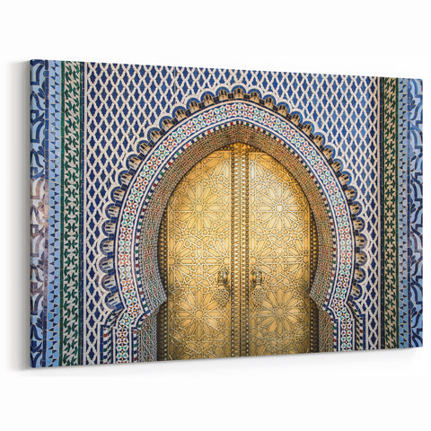 Morocco Canvas Prints - Gold Door with Intricate Blue Tile Design
