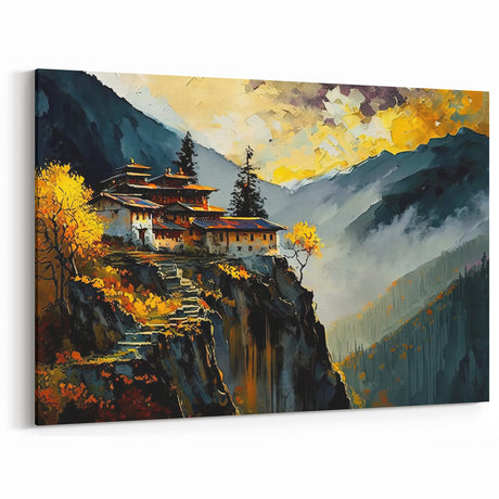 Vibrant Bhutan Mountain Monastery Wall Art - Scenic Landscape Print