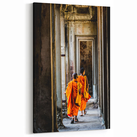 Khmer Culture Artwork - Young Monks in Temple Corridor