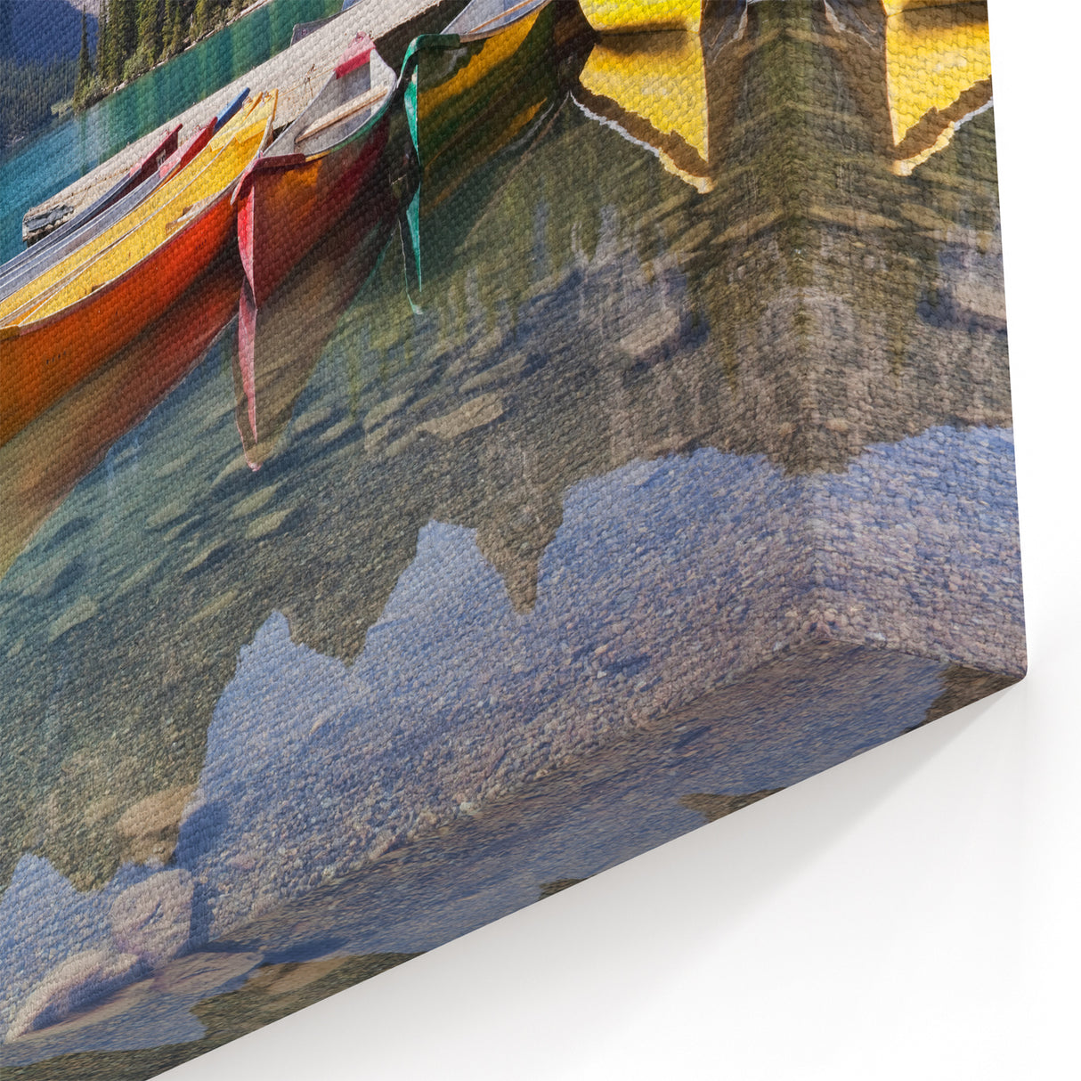 Alberta Scenic Wall Art - Vibrant Canoes on Moraine Lake Canvas Print