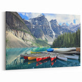Alberta Moraine Lake Wall Art - Colorful Canoes on Moraine Lake with Rockies