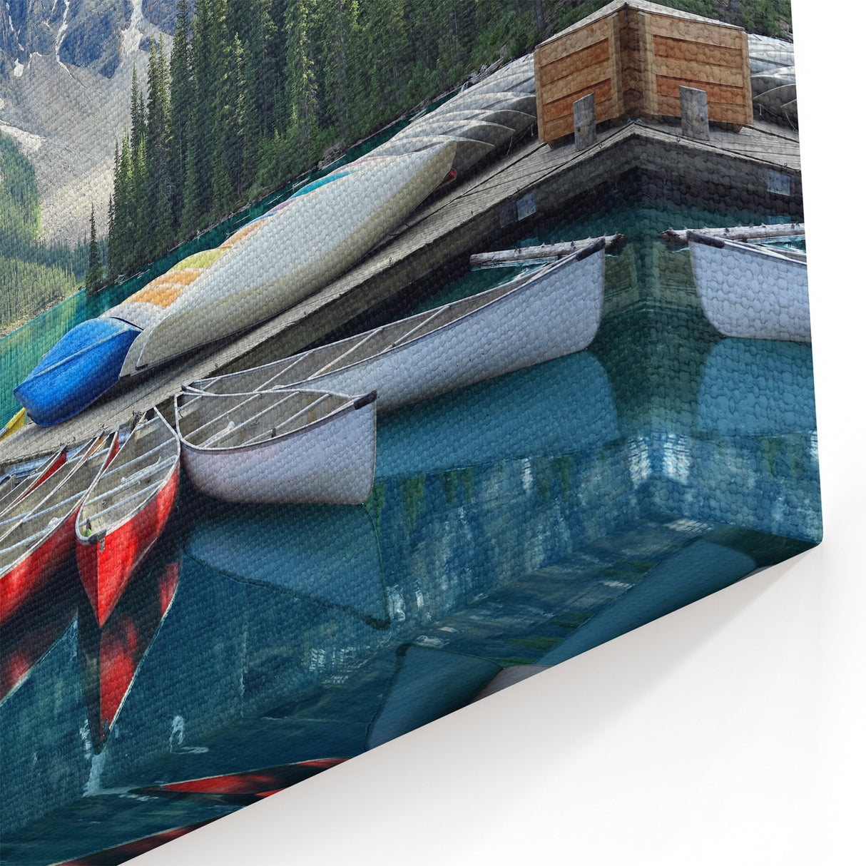 Alberta Moraine Lake Wall Art - Colorful Canoes on Moraine Lake with Rockies