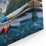 Alberta Moraine Lake Wall Art - Colorful Canoes on Moraine Lake with Rockies