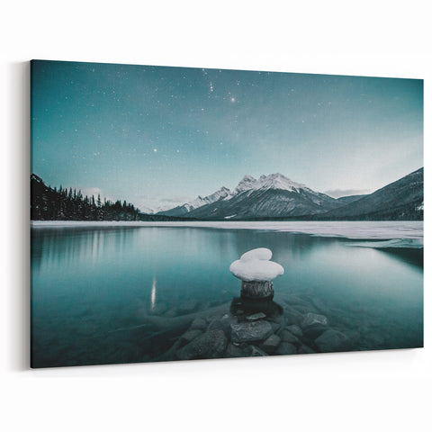 Alberta Nightscape Art - Tranquil Frozen Lake Under Starry Sky Canvas