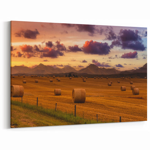 Alberta Prairie Sunset Art - Golden Hay Bales with Rocky Mountains