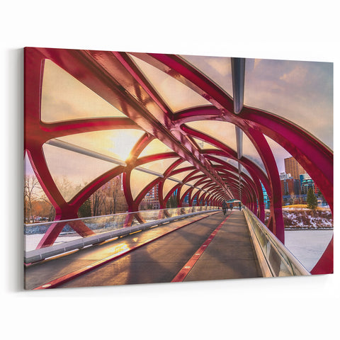 Alberta Urban Art - Peace Bridge at Sunrise in Calgary Cityscape