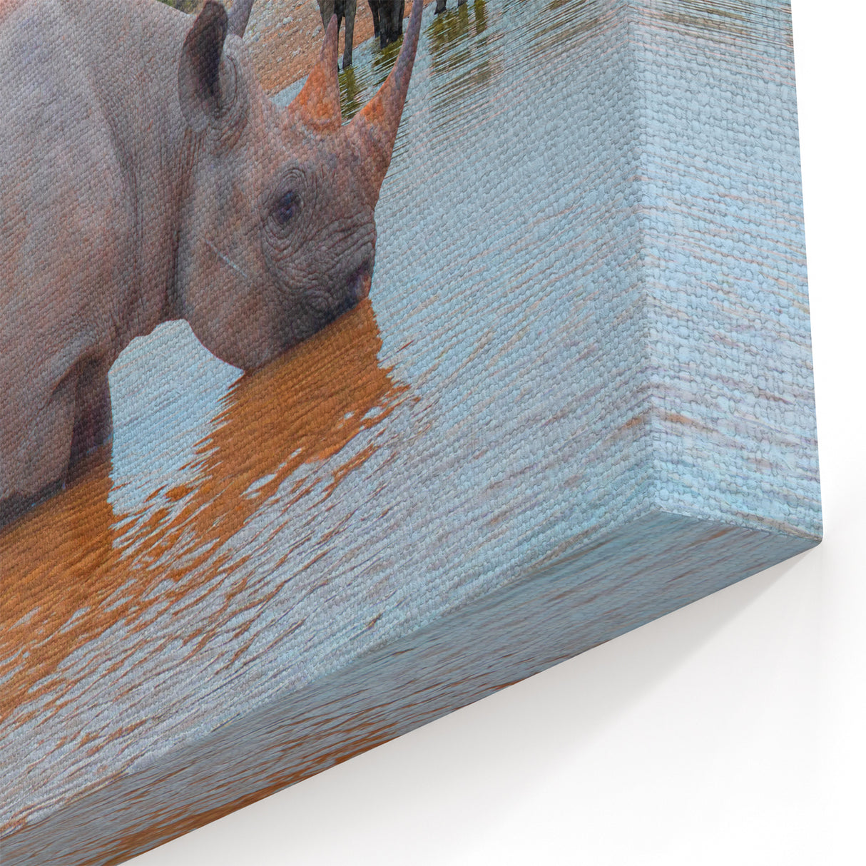 Wildlife of Namibia – Rhino and Elephants at Watering Hole Art Print