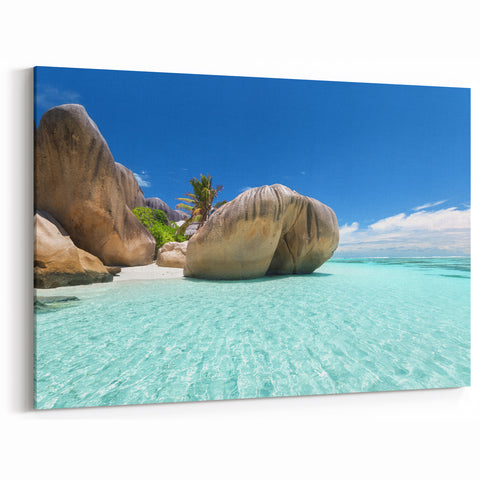 Serene Seychelles Beach Art – Turquoise Waters & Rock Formations Print