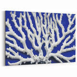 Marine Plants Art: Coastal Botanical White Coral on Blue Canvas Wall Decor