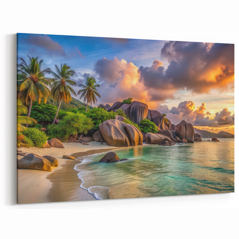Golden Seychelles Sunset Beach - Exotic Island Landscape Canvas Art
