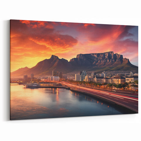 Cape Town Canvas Art - Sunset Cityscape with Table Mountain View