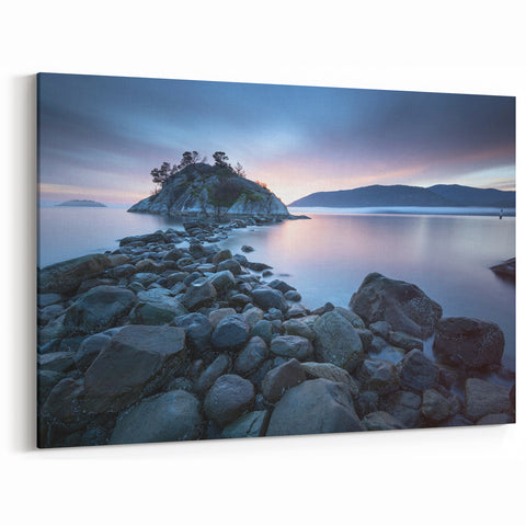 Peaceful Island Sunset Art – British Columbia’s Rocky Shoreline Scene