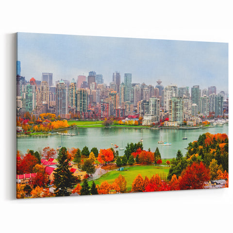 Vibrant Vancouver Cityscape Art – Fall Foliage & Urban Skyline