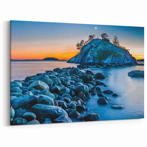 Serene Island Sunset Art – British Columbia’s Rocky Shoreline Scene
