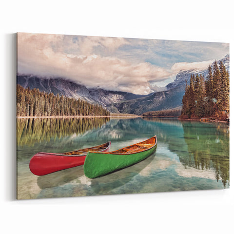 Scenic British Columbia Canoe Art – Rocky Mountains & Lake View