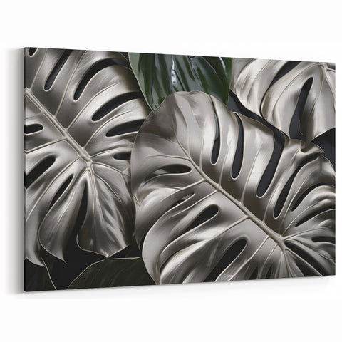 Silver Metallic Monstera Leaf Wall Art - Elegant Botanical Modern Decor