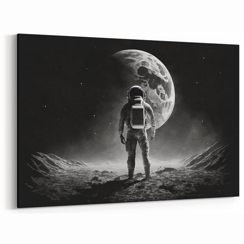 Astronaut Wall Art: Black and White Space Explorer Canvas with Moon View