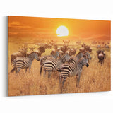 Serengeti Wildlife Art - Zebras and Wildebeests at Sunset Canvas Print