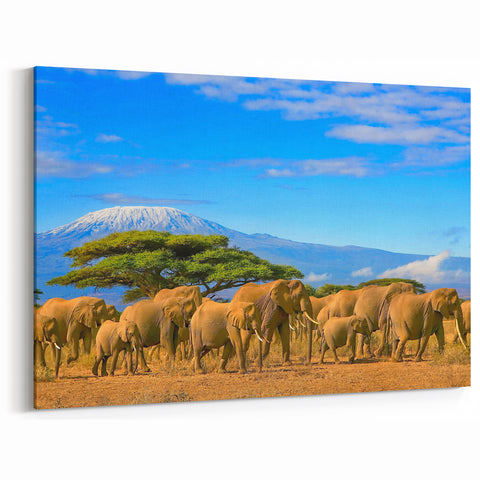 Majestic Tanzania Wall Art - Serengeti Elephants and Kilimanjaro Canvas Print