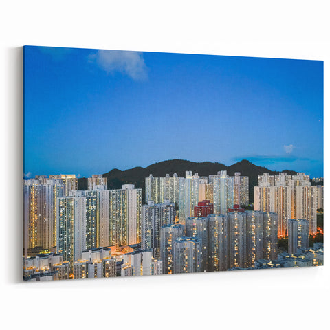 Hong Kong Skyline Art - Vibrant High-Rise Cityscape at Dusk Wall Decor