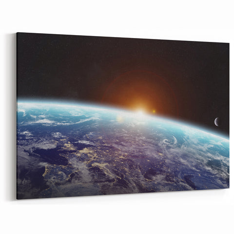Sunrise Over Earth Wall Art - Space View of Earth with Moon Decor