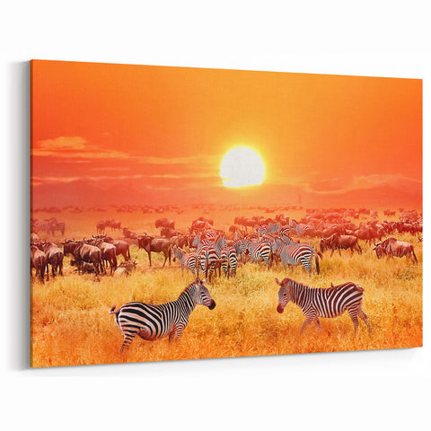 Serengeti Sunset Art - Zebras and Wildebeests at Golden Hour Canvas Print