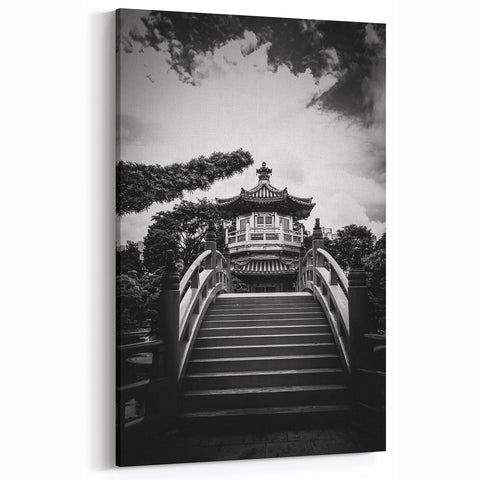 Black and White Hong Kong Pagoda Art - Serene Traditional Bridge Scene