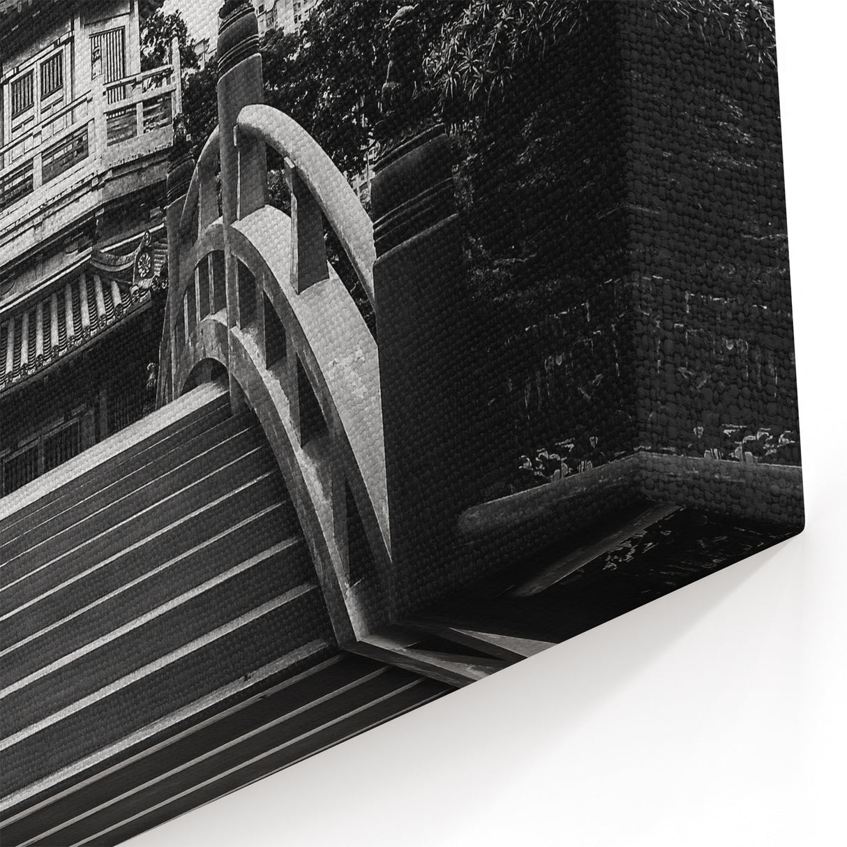 Black and White Hong Kong Pagoda Art - Serene Traditional Bridge Scene
