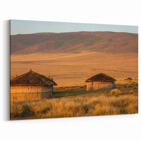 Tanzania Village Art - Traditional African Huts in Golden Plains Canvas Print