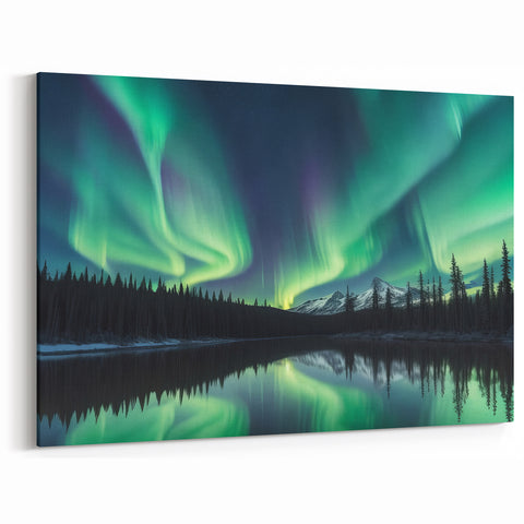 Northern Lights Over Lake and Mountains - Earth Phenomena Wall Art Print