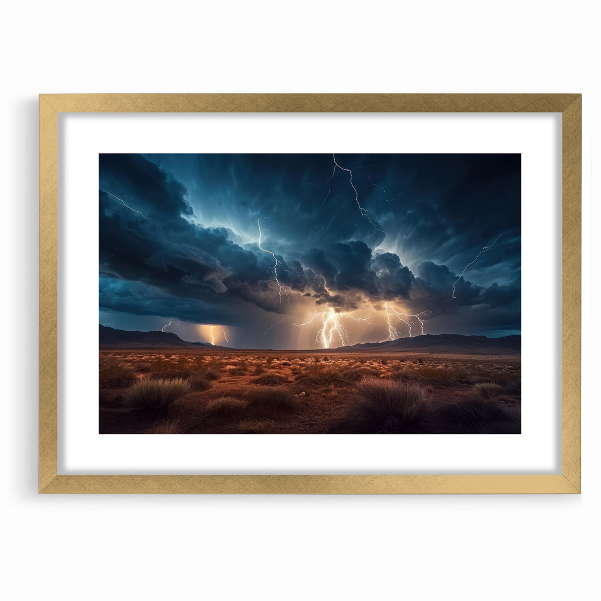 Lightning Storm Over Desert Landscape - Earth Phenomena Wall Art Print