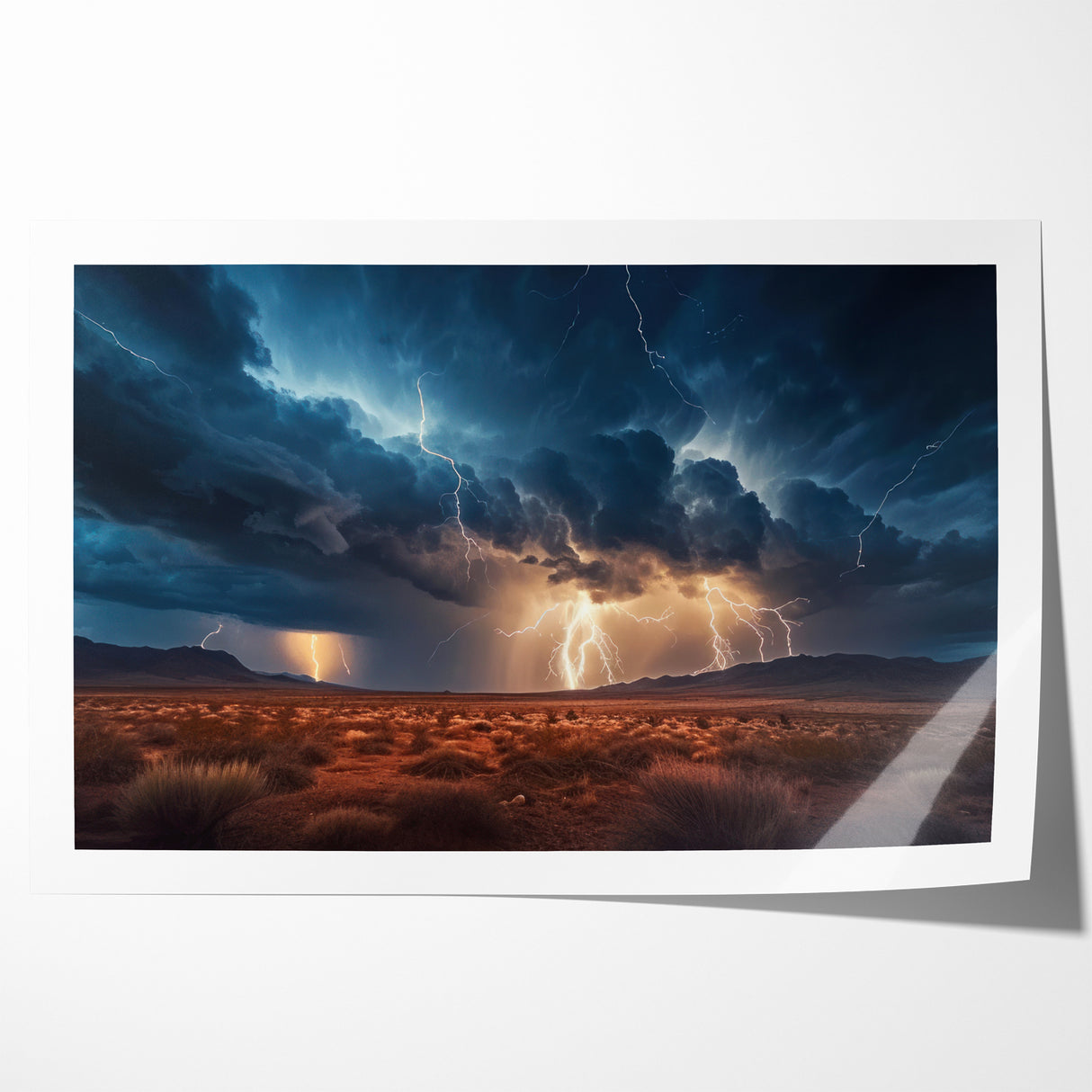 Lightning Storm Over Desert Landscape - Earth Phenomena Wall Art Print